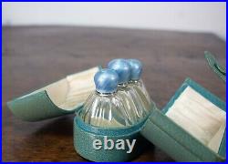 ANTIQUE SILVER AND ENAMEL CRYSTAL PERFUME BOTTLES in Fitted Leather Case