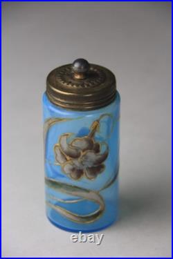 ANTIQUE VICTORIAN BLUE GLASS HAND ENAMELED FLORAL SCENT BOTTLE With METAL LID