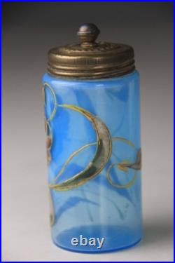 ANTIQUE VICTORIAN BLUE GLASS HAND ENAMELED FLORAL SCENT BOTTLE With METAL LID