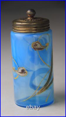 ANTIQUE VICTORIAN BLUE GLASS HAND ENAMELED FLORAL SCENT BOTTLE With METAL LID