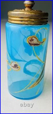 ANTIQUE VICTORIAN BLUE GLASS HAND ENAMELED FLORAL SCENT BOTTLE With METAL LID