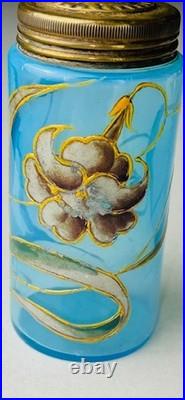 ANTIQUE VICTORIAN BLUE GLASS HAND ENAMELED FLORAL SCENT BOTTLE With METAL LID