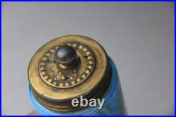 ANTIQUE VICTORIAN BLUE GLASS HAND ENAMELED FLORAL SCENT BOTTLE With METAL LID
