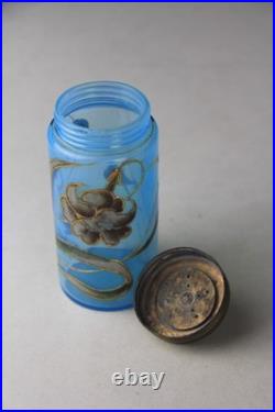 ANTIQUE VICTORIAN BLUE GLASS HAND ENAMELED FLORAL SCENT BOTTLE With METAL LID
