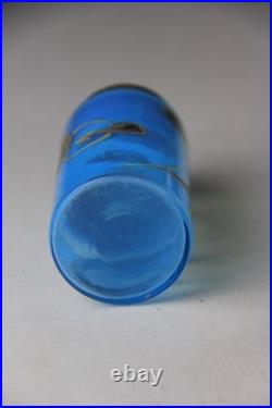 ANTIQUE VICTORIAN BLUE GLASS HAND ENAMELED FLORAL SCENT BOTTLE With METAL LID