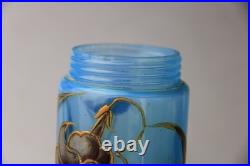 ANTIQUE VICTORIAN BLUE GLASS HAND ENAMELED FLORAL SCENT BOTTLE With METAL LID