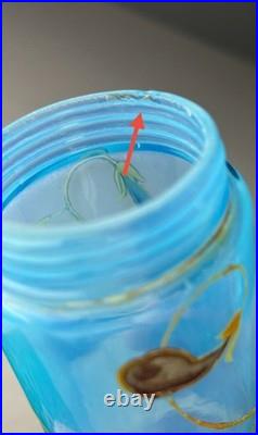 ANTIQUE VICTORIAN BLUE GLASS HAND ENAMELED FLORAL SCENT BOTTLE With METAL LID