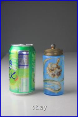 ANTIQUE VICTORIAN BLUE GLASS HAND ENAMELED FLORAL SCENT BOTTLE With METAL LID