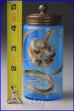 ANTIQUE VICTORIAN BLUE GLASS HAND ENAMELED FLORAL SCENT BOTTLE With METAL LID