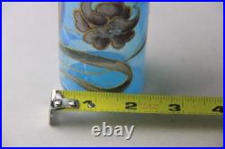 ANTIQUE VICTORIAN BLUE GLASS HAND ENAMELED FLORAL SCENT BOTTLE With METAL LID