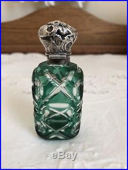 ANTIQUE VINTAGE Sterling Silver Green cut to clear Perfume Scent Bottle