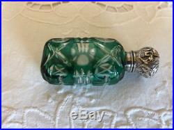 ANTIQUE VINTAGE Sterling Silver Green cut to clear Perfume Scent Bottle
