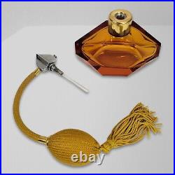 Amber Crystal Art Deco Perfume Bottle Atomiser Pump Vintage 1950s Vanity Glass