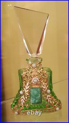 Antique 1920's Czech Filigree Green Jeweled Perfume Bottlesigned Czechoslovakia