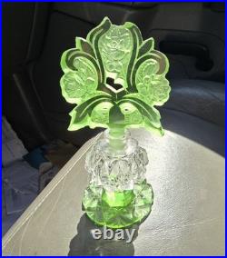 Antique 1920s 30s Czech Perfume Bottle Green Cut Glass Stopper Roses GLOWS