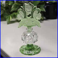 Antique 1920s 30s Czech Perfume Bottle Green Cut Glass Stopper Roses GLOWS