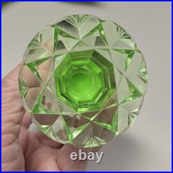 Antique 1920s 30s Czech Perfume Bottle Green Cut Glass Stopper Roses GLOWS