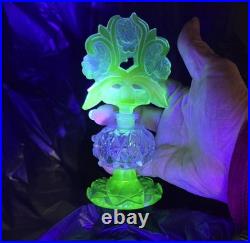Antique 1920s 30s Czech Perfume Bottle Green Cut Glass Stopper Roses GLOWS Antique 1920s 30s Czech Perfume Bottle Green Cut Glass Stopper Roses GLOWS