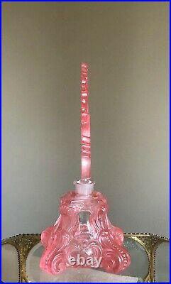 Antique Art Deco Czech Perfume Bottle Pink Cut Glass Stopper Nude Lady vtg 20s