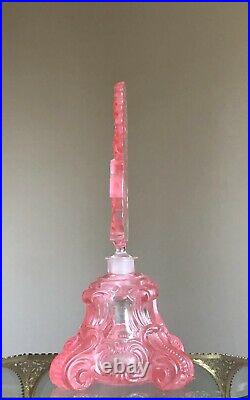 Antique Art Deco Czech Perfume Bottle Pink Cut Glass Stopper Nude Lady vtg 20s