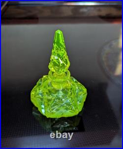 Antique Art Deco Czech Uranium Vaseline Cut Glass Perfume Bottle 4.5 VTG