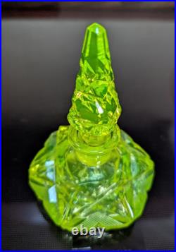 Antique Art Deco Czech Uranium Vaseline Cut Glass Perfume Bottle 4.5 VTG