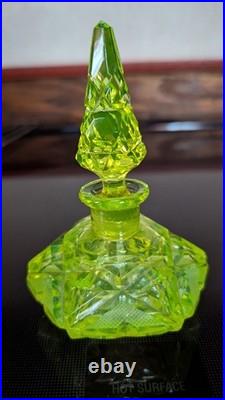 Antique Art Deco Czech Uranium Vaseline Cut Glass Perfume Bottle 4.5 VTG