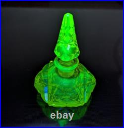 Antique Art Deco Czech Uranium Vaseline Cut Glass Perfume Bottle 4.5 VTG