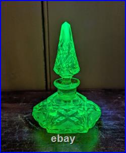 Antique Art Deco Czech Uranium Vaseline Cut Glass Perfume Bottle 4.5 VTG