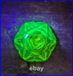 Antique Art Deco Czech Uranium Vaseline Cut Glass Perfume Bottle 4.5 VTG