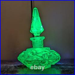 Antique Art Deco Czech Uranium Vaseline Cut Glass Perfume Bottle 4.5 VTG