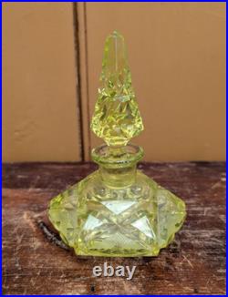Antique Art Deco Czech Uranium Vaseline Cut Glass Perfume Bottle 4.5 VTG