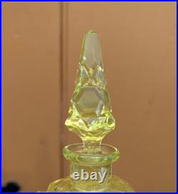 Antique Art Deco Czech Uranium Vaseline Cut Glass Perfume Bottle 4.5 VTG