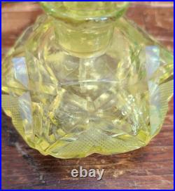 Antique Art Deco Czech Uranium Vaseline Cut Glass Perfume Bottle 4.5 VTG