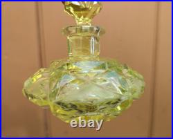 Antique Art Deco Czech Uranium Vaseline Cut Glass Perfume Bottle 4.5 VTG