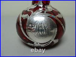 Antique Art Nouveau Cranberry Glass Scent Bottle, Sterling Silver Overlay