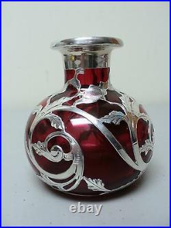 Antique Art Nouveau Cranberry Glass Scent Bottle, Sterling Silver Overlay