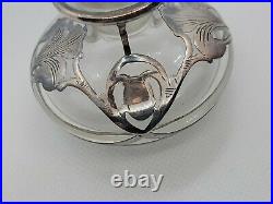 Antique Art Nouveau Perfume Bottle Sterling Silver Overlay Clear Glass 2.75 Vtg