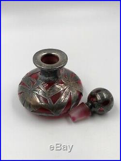 Antique Art Nouveau Red Glass Sterling Silver Overlay Perfume Bottle VTG