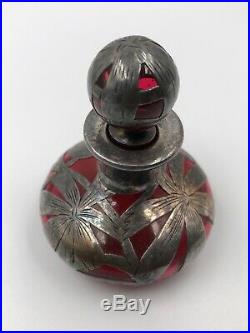 Antique Art Nouveau Red Glass Sterling Silver Overlay Perfume Bottle VTG