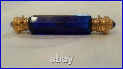 Antique Blue Jeweled Double Ended Lay Down Perfume Bottle with Gold Gilted Ends