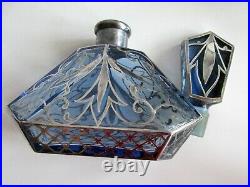 Antique Bohemian ART DECO Perfume bottle Powder Box Blue Glass Silver Overlay