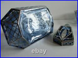 Antique Bohemian ART DECO Perfume bottle Powder Box Blue Glass Silver Overlay
