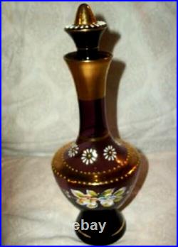 Antique Bohemian Amethyst Glass Perfume Bottle HP Gilt Floral Decanter Czech