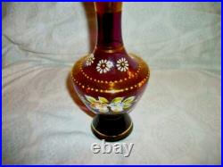 Antique Bohemian Amethyst Glass Perfume Bottle HP Gilt Floral Decanter Czech