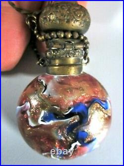 Antique Chatelaine Venetian Adventurine Art Glass Perfume Bottle with Ring