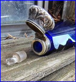 Antique Cobalt Blue Cut Glass With Repousse Sterling Top Scent Perfume Bottle