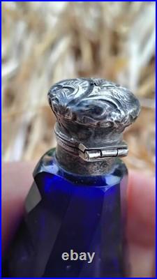 Antique Cobalt Blue Cut Glass With Repousse Sterling Top Scent Perfume Bottle
