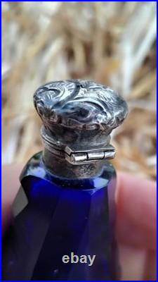 Antique Cobalt Blue Cut Glass With Repousse Sterling Top Scent Perfume Bottle