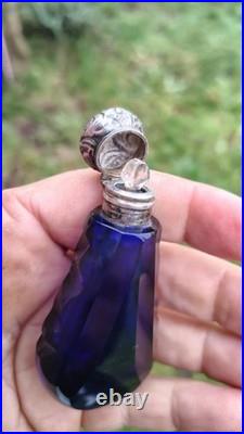Antique Cobalt Blue Cut Glass With Repousse Sterling Top Scent Perfume Bottle
